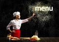 Woman cook touch glowing word menu