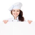 Woman cook with white blank board Royalty Free Stock Photo