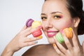 Woman with cookies makarons Royalty Free Stock Photo