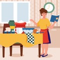 Woman cooking a cake in the kitchen. Cooking food according to the recipe. Cooking at home