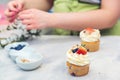 Woman cooking cakes. Desserts. Birthday cupcake with blueberry. Cooking class, culinary and bakery Royalty Free Stock Photo