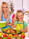 Woman cooking chicken at kitchen Royalty Free Stock Photo