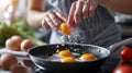 A woman is cooking eggs in a skillet on the stove, AI