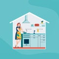 Woman cooking food at home - cartoon girl in kitchen standing by stove Royalty Free Stock Photo