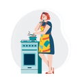Woman cooking food on kitchen stove - cartoon girl tasting boiling soup Royalty Free Stock Photo