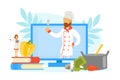 Woman Cooking Healthy Dish with Male Chef, Online Cooking Course Vector Illustration