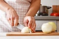 Woman cooking at home in the kitchen, cutting onions on a wooden board. Healthy fresh food. Close-up Royalty Free Stock Photo