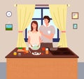 Woman cooking at kitchen, female mixing salad in bowl, man hugging wife, woman preparing food Royalty Free Stock Photo