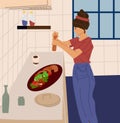 Woman cooking in kitchen. Female preparing food at home. Young character salting salad or meat. Girl doing housework