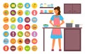 Woman cooking in the kitchen. Food and drinks icons. Stay at home. Coronavirus self-isolation
