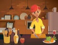 Woman cooking in the kitchen. Healthy eating illustration. Vector illustration in modern flat style.