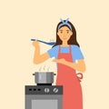 Woman is cooking in the kitchen. Housewife is boiling soup for dinner. Woman with apron cooking delicious meal for family concept