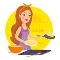 Woman cooking in the kitchen. Housewife in the kitchen. Mother cooking. I love to cook. Vector illustration