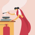 A woman cooking in a kitchen using gas stove