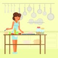 Woman cooking in kitchen vector flat illustration