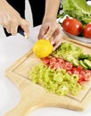 Woman cooking in new kitchen making healthy food with vegetables. Royalty Free Stock Photo