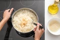Woman cooking rice on stove in kitchen Royalty Free Stock Photo