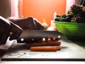 Woman cooking salad,human hands chopping vegetable,vegetarian,carrot,cucumber and red coral lettuce ,home cooking Royalty Free Stock Photo