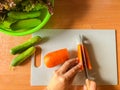 Woman cooking salad,human hands chopping vegetable,vegetarian,carrot,cucumber and red coral lettuce ,home cooking,healthy concept, Royalty Free Stock Photo