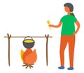 Woman Cooking Soup on Fire Vector Isolated Cooker