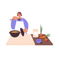 Woman cooking soup and tasting it. Person in apron cook food on cooker at home kitchen. Female preparing dish from