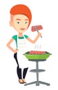 Woman cooking steak on barbecue grill.