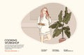 Woman cooking supper home style illustration. Woman chef cooking food, healthy commercial meal, kitchen advertising. Cartoon