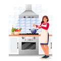 Woman cooking vegetable soup in kitchen. Young girl in apron makes healthy lunch or dinner. Vector illustration