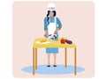 Woman cooks food, isolated on pink background. In minimalist style. Cartoon flat vector Royalty Free Stock Photo