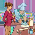 A woman cooks in the kitchen. A professional cook helps her through the cooking app