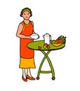 The woman cooks and sets the table. Illustration.