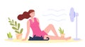 Woman cooling fan. Relaxing girl with pet using electrical fans in heat summer weather of home, fresh air wind on sweat