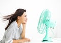 Woman cooling herself by electric fan Royalty Free Stock Photo