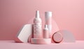 beauty product skincare care bottle cosmetic pink treatment layout pastel background. Generative AI.