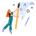 Woman copywriter cartoon character with huge pen writing article, flat vector.