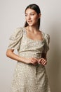 woman cosmetic beauty natural smile background dress romantic beige girl portrait young