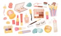 Woman cosmetic products. Beauty set of cosmetics, vector icon set. Mascara, lipstick, eye shadows, brush, concealer, lip