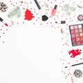 Woman cosmetics, accessories and Christmas decoration, confetti on white background. Flat lay, top view.