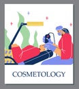 Woman in cosmetologist doctors office getting face cleaning, poster template flat vector illustration.