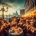 woman in costume and mask drink cocktail in street celebration during venetian carnival mardi gras Royalty Free Stock Photo