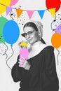 Woman in costume of monk smiling and drinking cocktail. Birthday celebration. Creative design. Poster Royalty Free Stock Photo