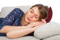 Woman on the couch having a headache Royalty Free Stock Photo