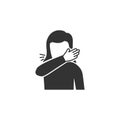 Woman coughs at the bend of the elbow icon in simple design. Vector illustration