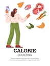 Woman counting calorie using mobile app vector poster, cartoon analysis tracking for organic products and diet dishes