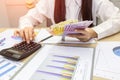 Woman counting money and use calculator, Euro banknotes, Business or stock market concept image Royalty Free Stock Photo