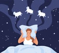 Woman counting sheep. Girl trying sleep counts blue sheeps beauty lamb in dark, sleepless night sleeping deprivation or Royalty Free Stock Photo