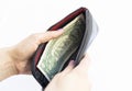 A woman counts dollars in her wallet. The last bill. Money. Dollars in hand in a close-up photo Royalty Free Stock Photo