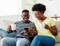 woman couple man happy happiness love black young lifestyle together romantic boyfriend girlfriend smartphone mobile Royalty Free Stock Photo