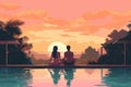 honeymoon swimming back sunset pool travel romantic couple vacation relax. Generative AI.
