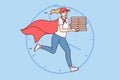 Woman courier with boxes of pizza in hands runs to quickly deliver order, dressed in superhero cape